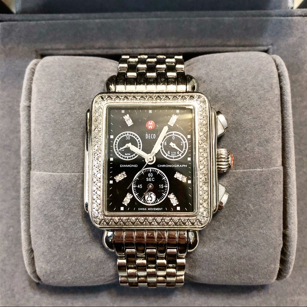 MICHELE Deco Diamond Black Dial Watch